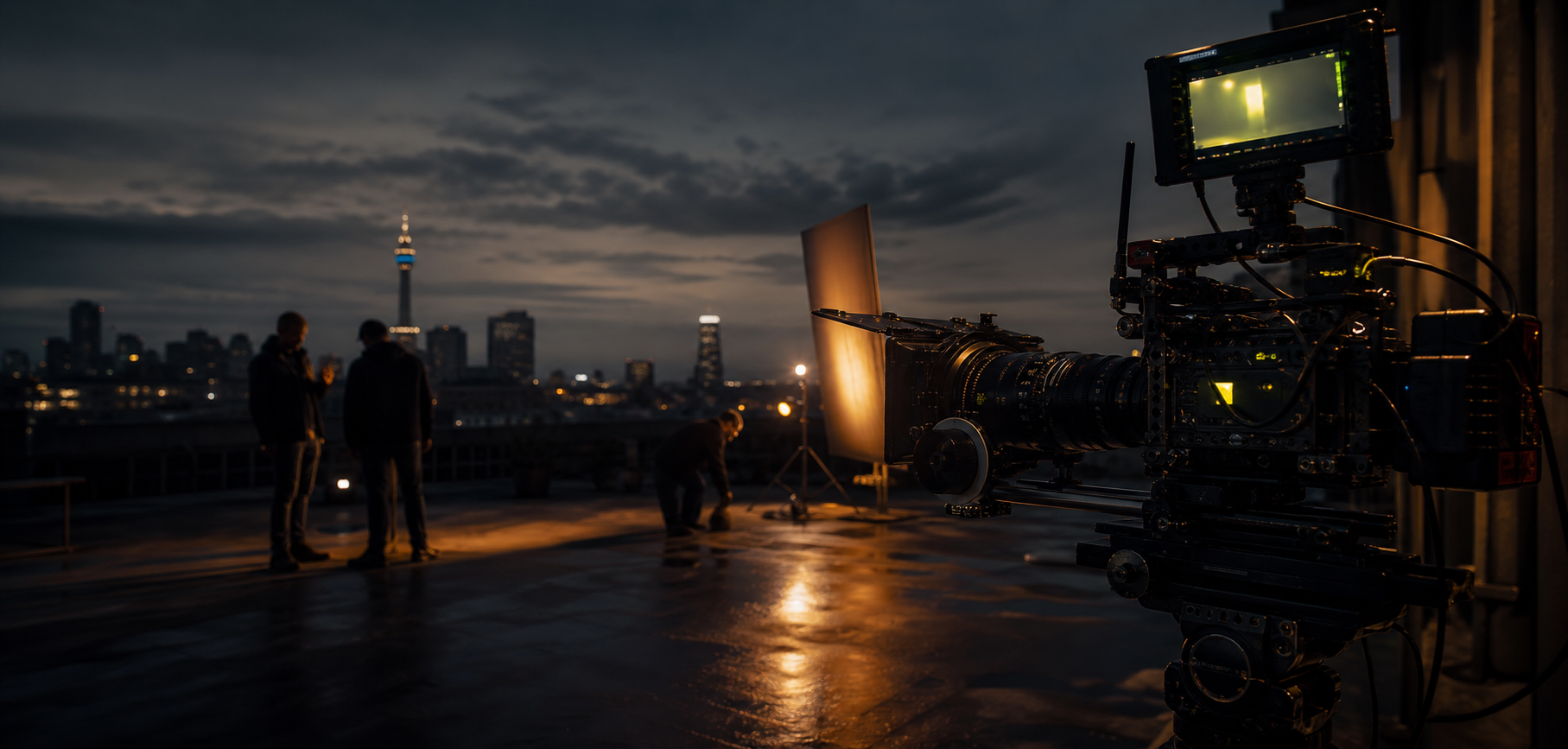 Cinema camera overlooking a cityscape at dusk